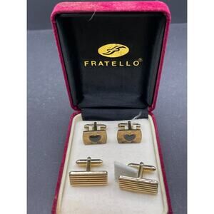 Swank & Fratello Men's Cufflinks Tie Clip Gold Tone Black Enamel Heart Lot of 2